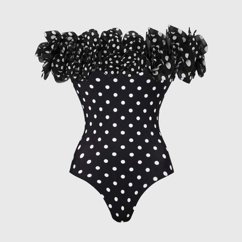 Bandeau Polka Dot Print One Piece Swimsuit and Skirt	