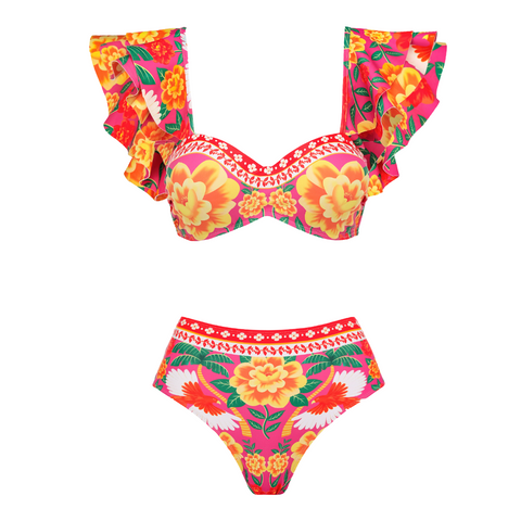 Ruffle Contrast Print Bikini Swimsuit and Skirt