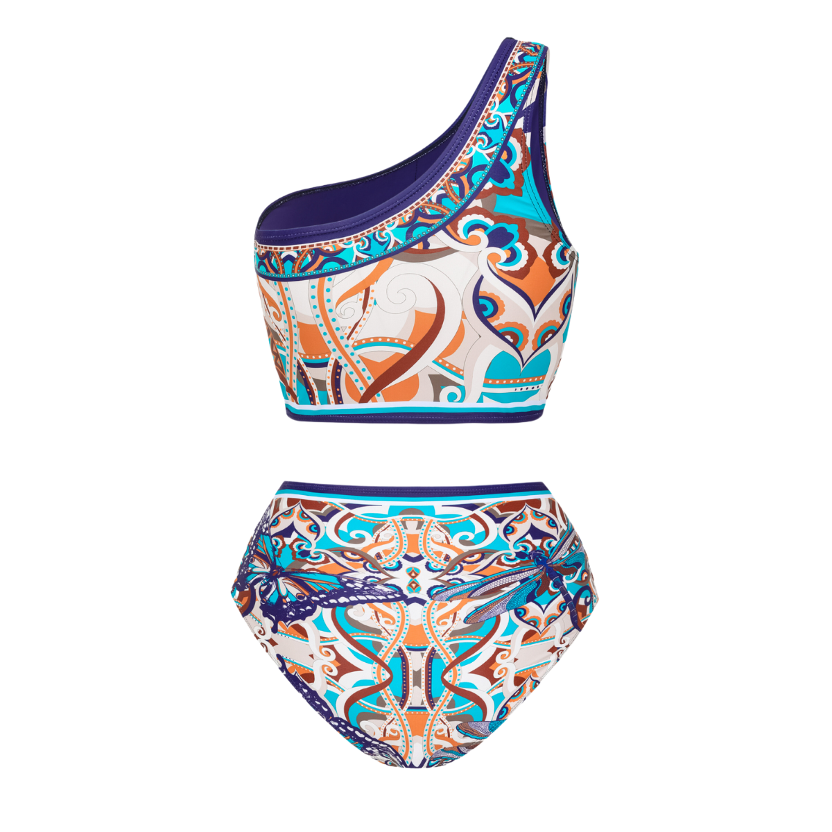 Butterfly and Dragonfly One Shoulder Hollow Print Bikini Swimsuit and Skirt	