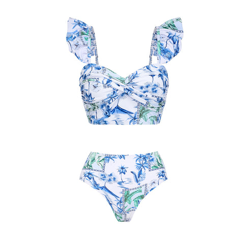 Sling Ruffle Printed  High Waist Bikini Swimsuit and Skirt