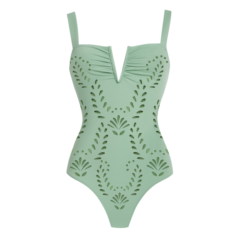 Laser Hollow Out One Piece Swimsuit and Skirt	