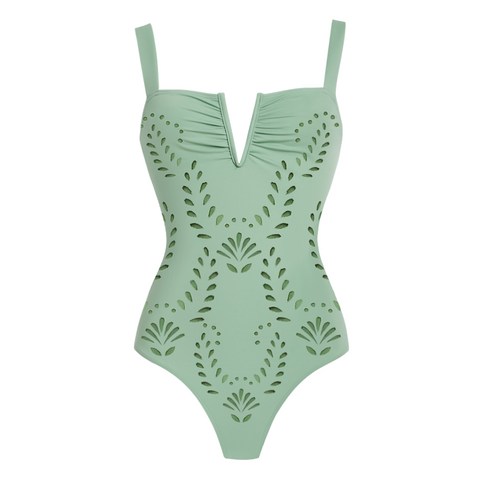 Laser Hollow Out One Piece Swimsuit and Skirt	