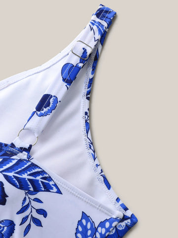 Vibecurve® Two-Piece Floral Print Ruched Mesh Swimsuit, Sarong	