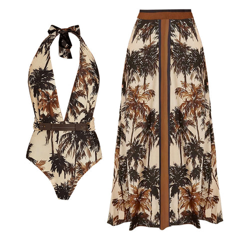 V Neck Coconut Palm Print One Piece Swimsuit and Skirt	