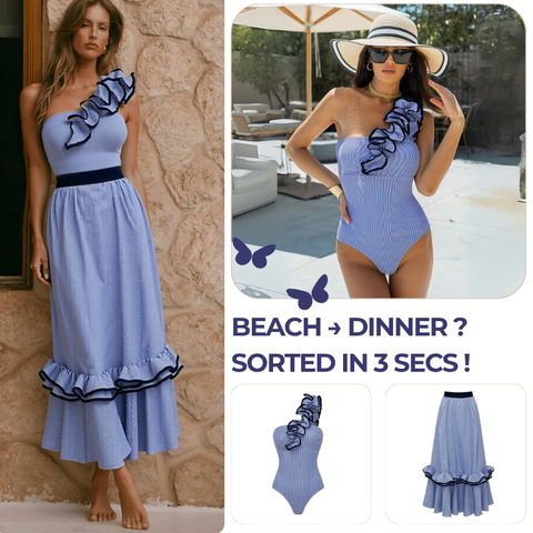 One Shoulder Ruffle Stripe Print One Piece Swimsuit and Skirt