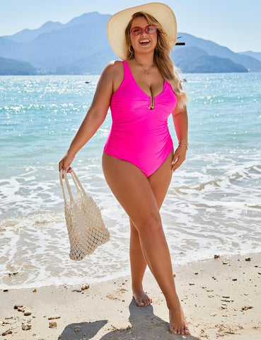 Vibecurve® Women's Tummy Control Swimsuits Ruched Slimming One Piece Bathing Suit Deep V Neck Swimsuit	