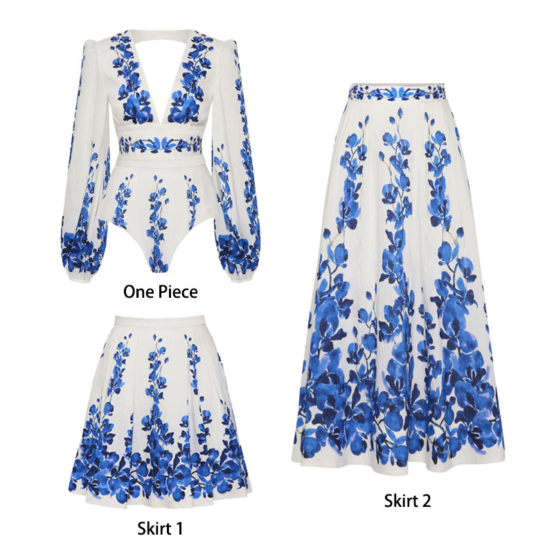 Printed Long-sleeved One Piece Swimsuit and Skirt	