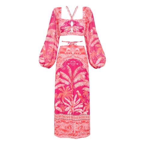 Long-sleeved Tropical Jungle Print Bikini Swimsuit and Sarong