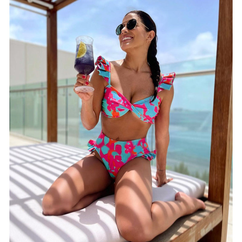 Printed Ruffle Bikini Swimsuit and Skirt	