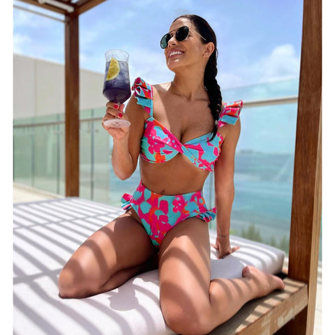 Printed Ruffle Bikini Swimsuit and Skirt	