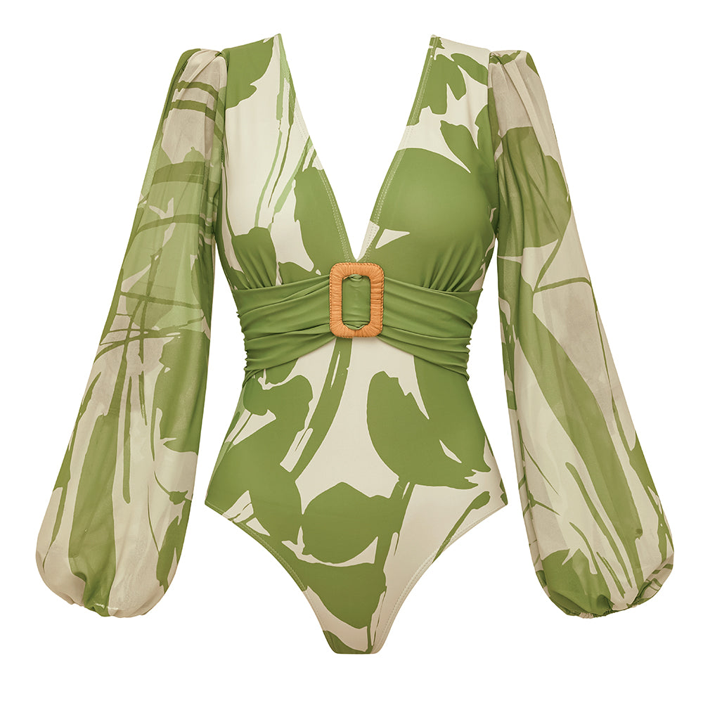 V Neck Long Sleeve Flower Print One Piece Swimsuit and Pants	