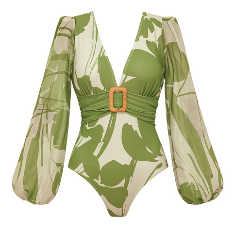 V Neck Long Sleeve Flower Print One Piece Swimsuit and Pants	