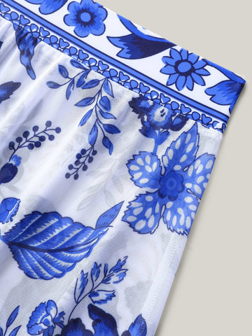 Vibecurve® Two-Piece Floral Print Ruched Mesh Swimsuit, Sarong	