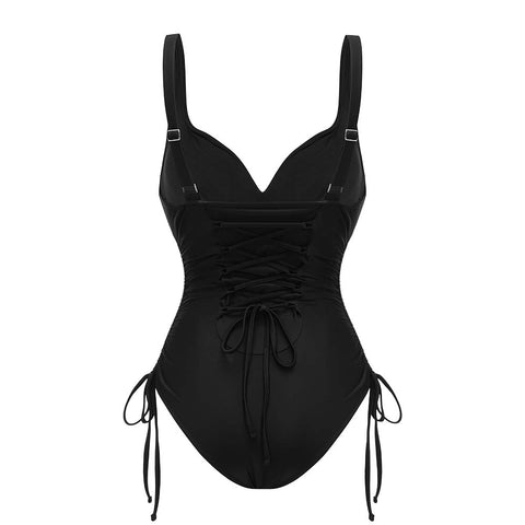 V-Neck Side Seam Drawcord Body Shaping Tummy Control One-Piece Swimsuit