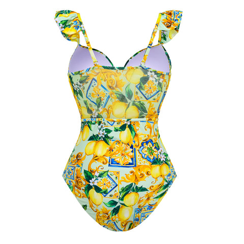 Ruffle Starp Push Up Lemon Print One Piece Swimsuit and Mesh Panel Sarong