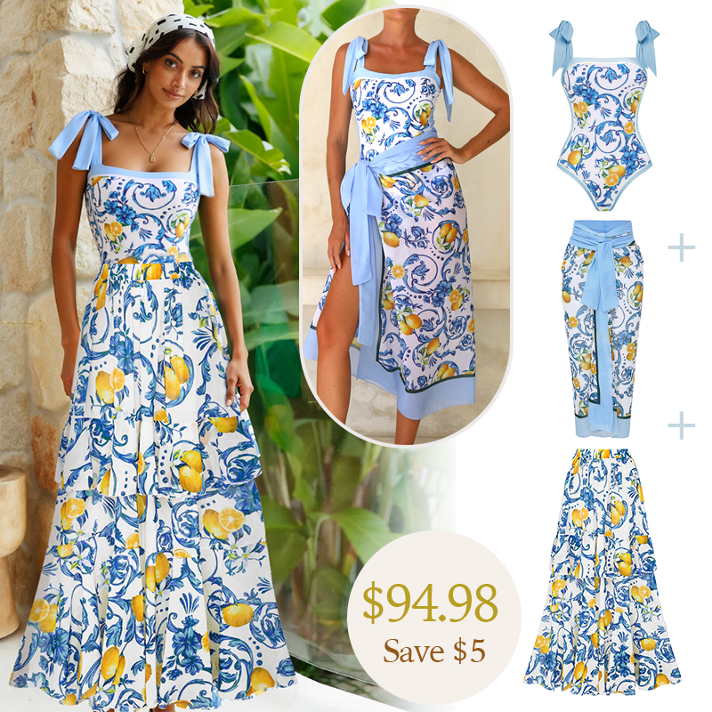 Lemon Print Tie-shoulder One Piece purple or Skirt Flaxmaker	