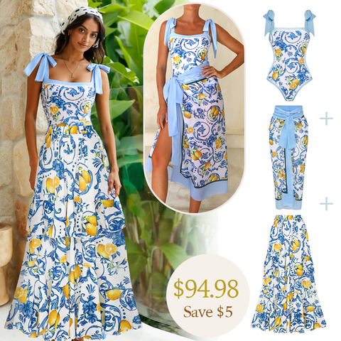 Lemon Print Tie-shoulder One Piece purple or Skirt Flaxmaker	