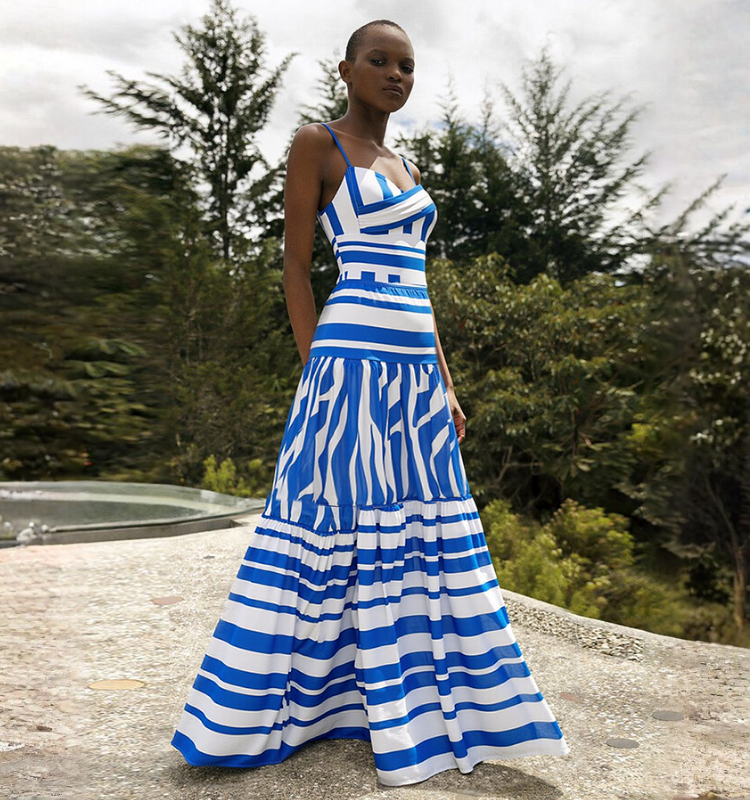 Sling Water Ripple Printed One Piece Swimsuit and Striped Skirt Flaxmaker	