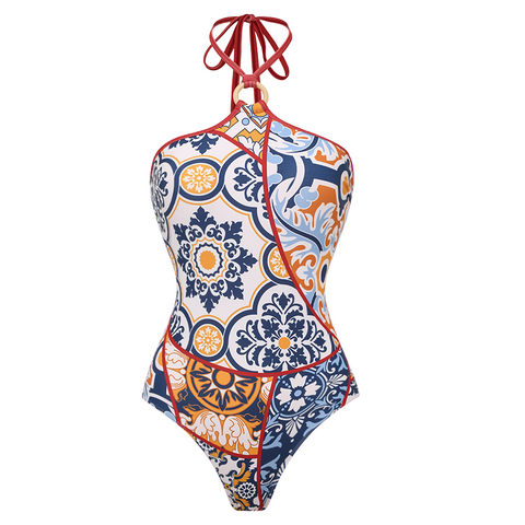 Printed Halter One Piece Swimsuit and Sarong