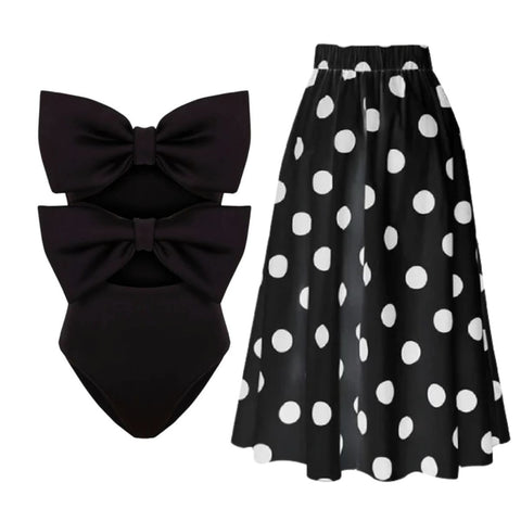 Bandeau Bowknot Cutout One Piece Swimsuit and Skirt