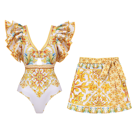Ruffle V Neck  Golden Majolica Print One Piece Swimsuit and Scooter skirt