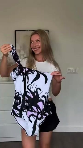 One Shoulder Black and White Blossom Print One Piece Swimsuit and Pants