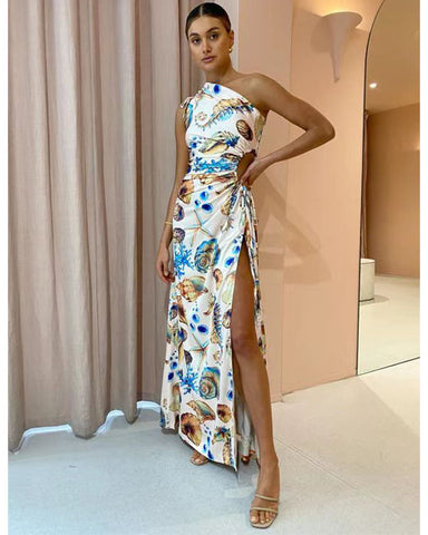 Oblique Shoulder Conch  Printed Dress
