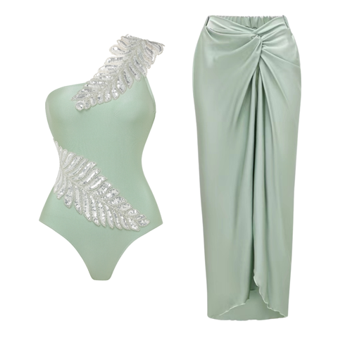One Shoulder Sequin Leaf Embroidery One Piece Swimsuit and sarong