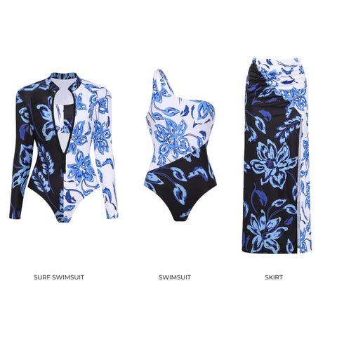 Color Block Printed Long Sleeve One Piece Surf Swimsuit and Skirt	