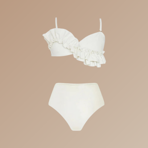 Ruffled Detail White High Waist Bikini Swimsuit and Sarong