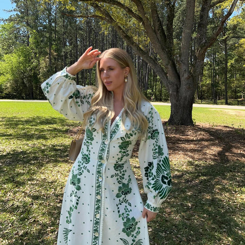 V Neck Retro Printed In Green Dress