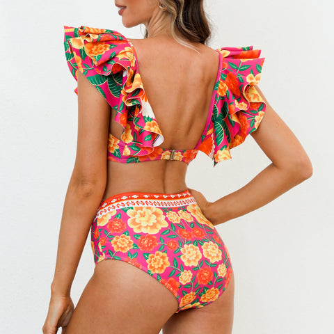 Ruffle Contrast Print Bikini Swimsuit and Skirt