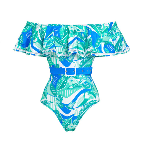 Off Shoulder Ruffled Tropical Print One Piece Swimsuit and Skirt