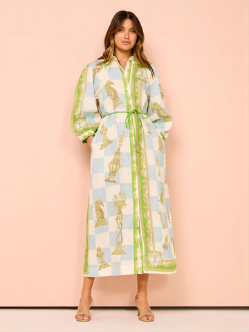 Puff Sleeve Lace Up Printed Dress