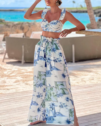 Sling Ruffle Printed  High Waist Bikini Swimsuit and Skirt