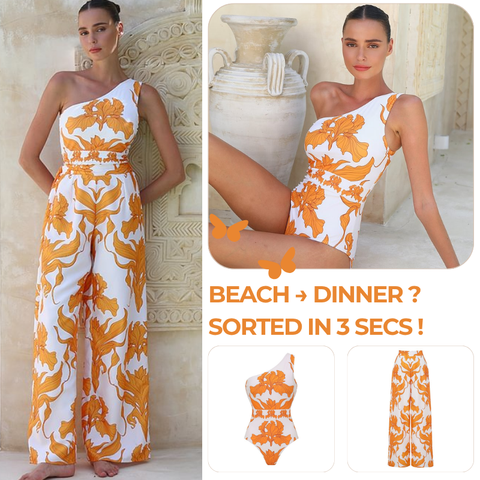 One Shoulder Iris Print One Piece Swimsuit and Pants