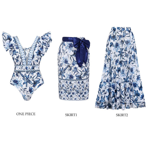 V Neck Ruffle Lace Up Printed One Piece Swimsuit and Skirt