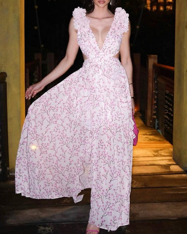 Backless V Neck Printed Dress