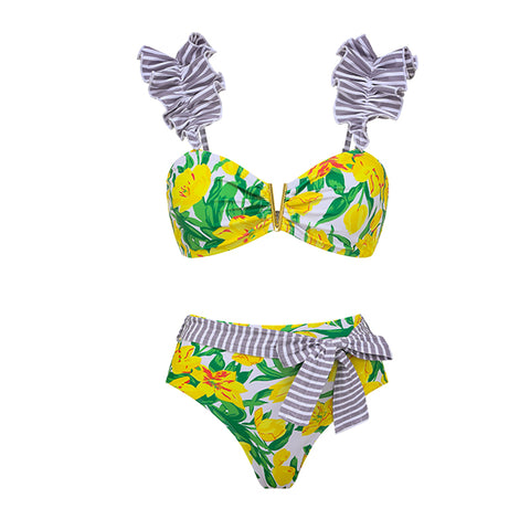 Tie Shoulder Lace Up Splicing Printed High Waist Bikini Swimsuit and Skirt