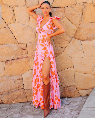 Ruffled V Neck Pink One Piece Swimsuit and Side Slit Skirt Flaxmaker