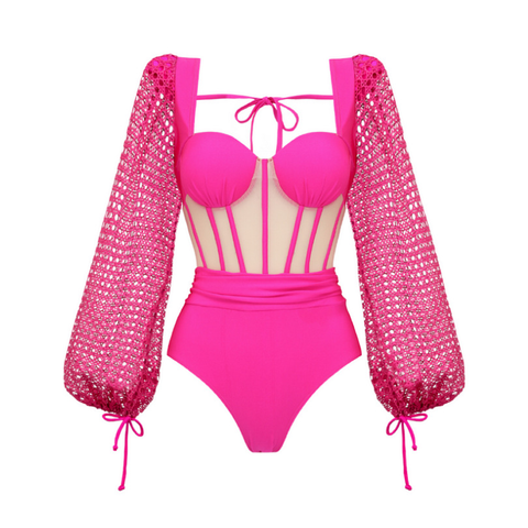 Mesh Hollow Long-sleeved Net Yarn Splicing One Piece Swimsuit and sarong