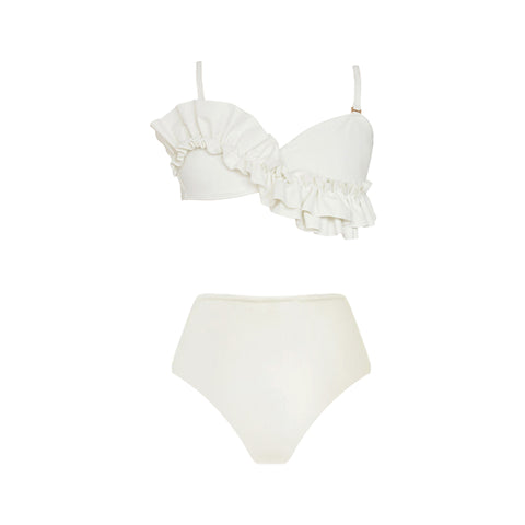 Ruffled Detail White High Waist Bikini Swimsuit and Sarong