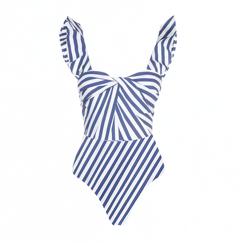 Ruffle Striped Print One Piece Swimsuit and Skirt