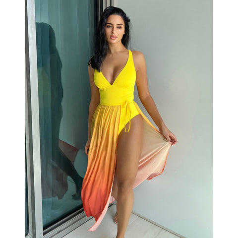 Sling Solid Color One Piece Swimsuit and Skirt