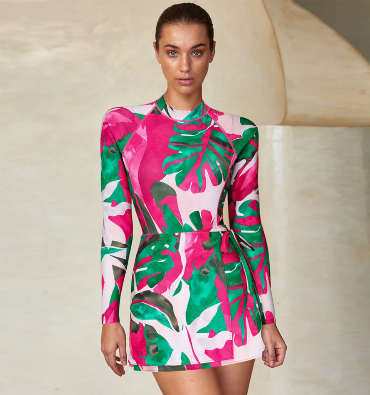 Abstract Rose Red Contrast Print Long sleeve One Piece Swimsuit and Skirt	