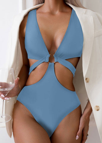 Sexy Metal O Ring Linked Cutout Low Cut One Piece Swimsuit