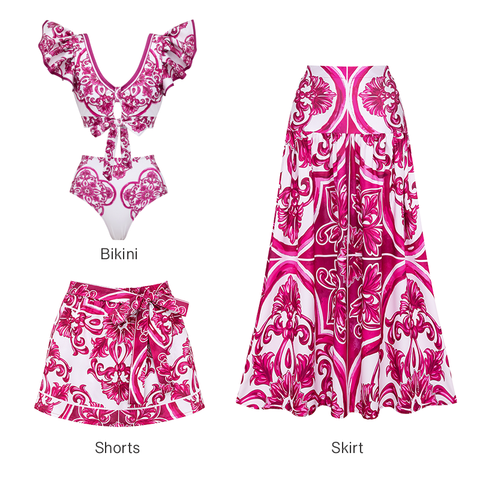 Ruffle Classic Majolica Series Pattern Print Bikini Swimsuit and Skirt or Shorts	