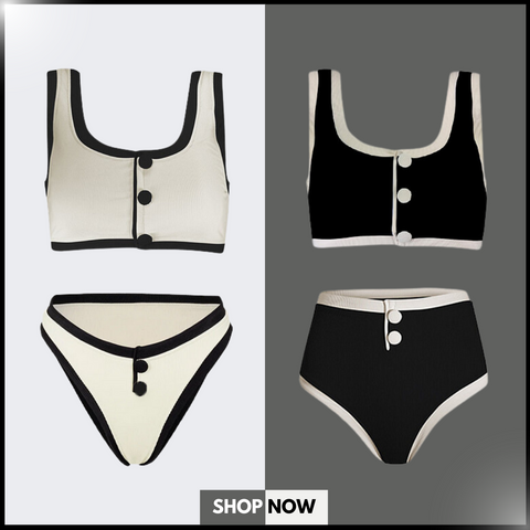 Button Detail Black and White High Waist Bikini Swimsuit