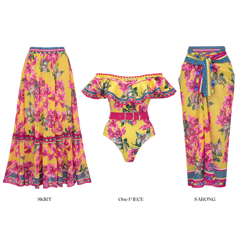 Bandeau Ruffled Orchid Print One Piece Swimsuit and Skirt	