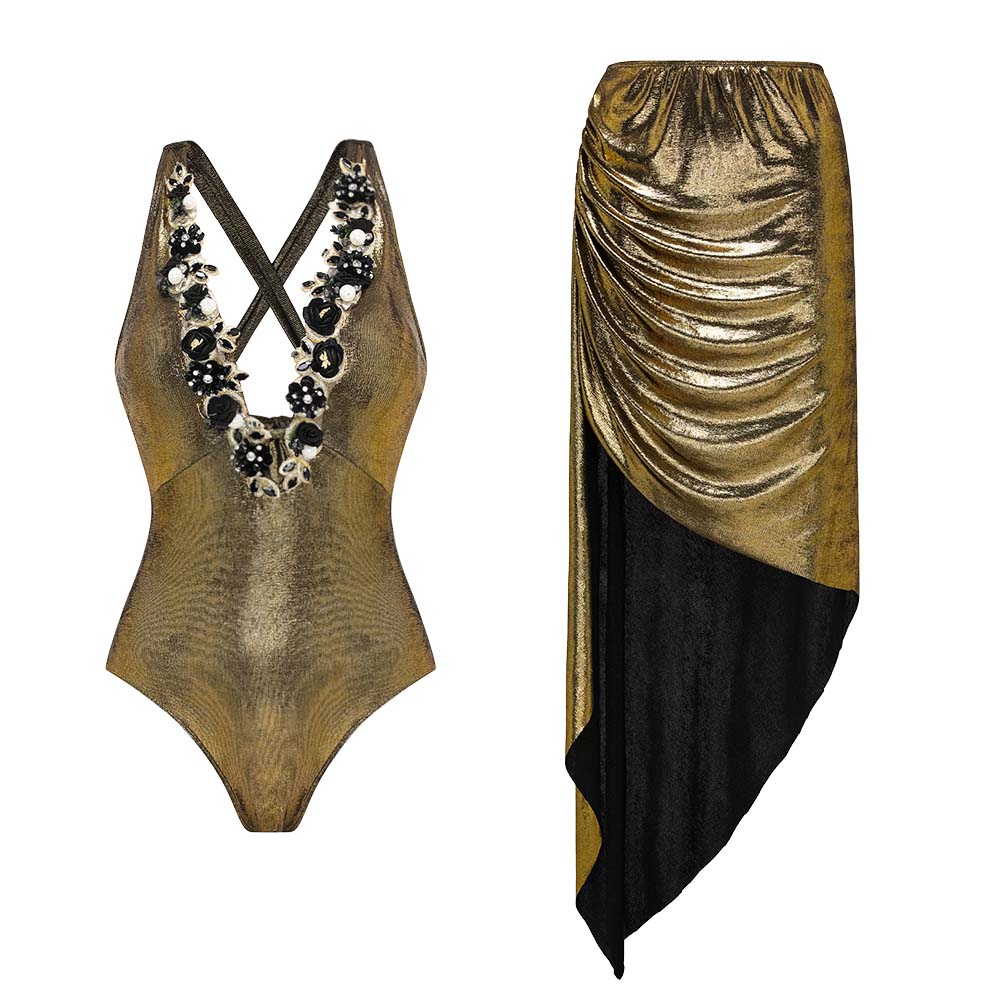 Gold Shiny Beaded Flowers Deep V-neck One Piece Swimsuit and Split Skirt